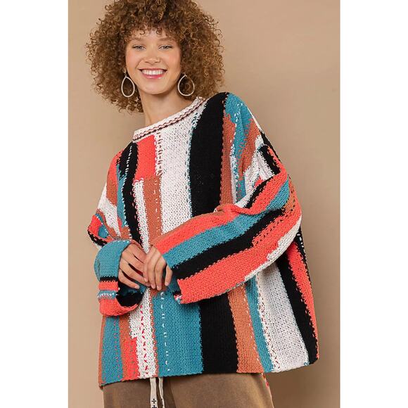 POL Geometric Color Block Design Round Neckline Oversized Sweater | Red/Ivory - Picture 2 of 9